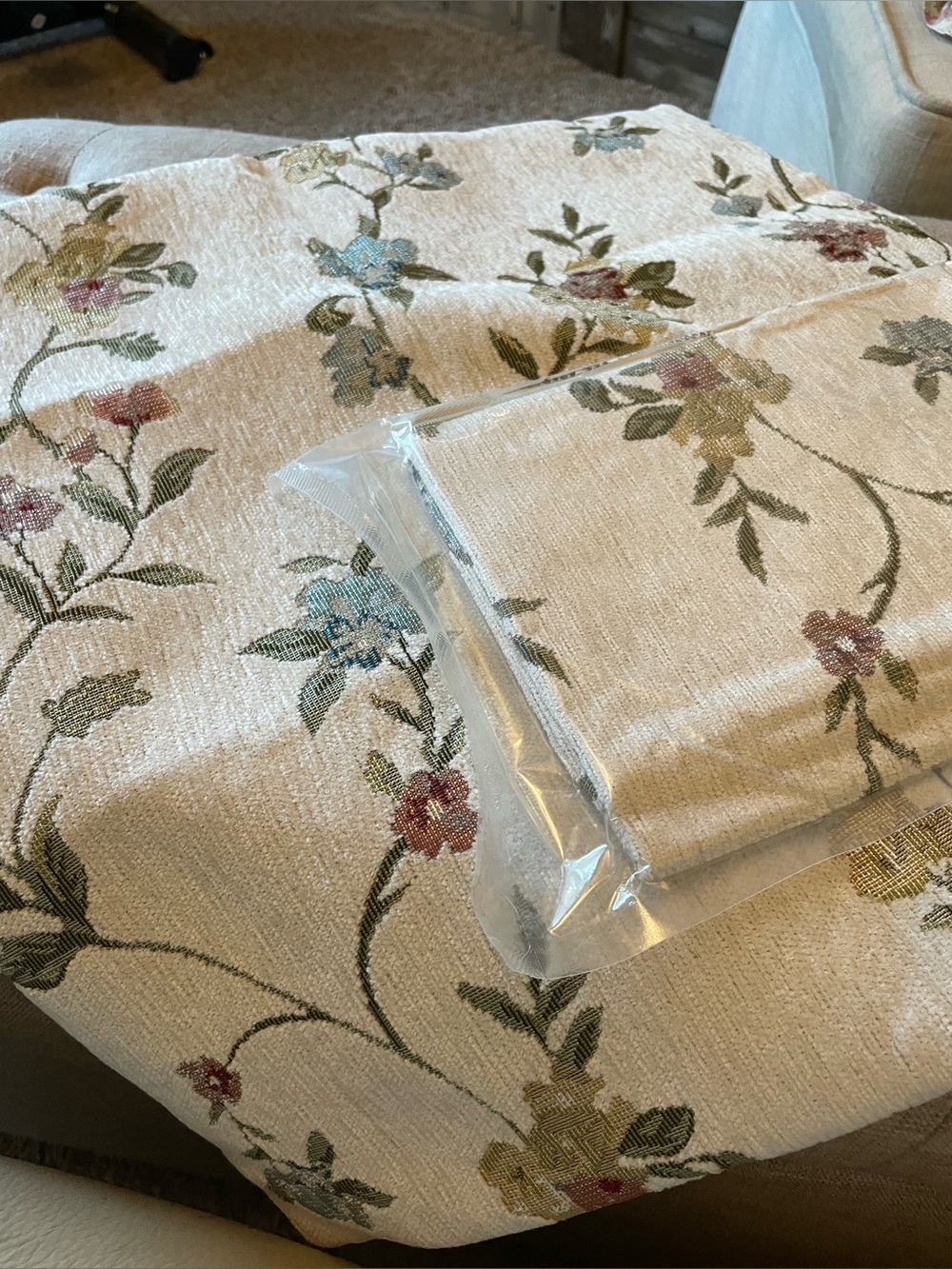 Two Floral Embroidered Beige Throw Pillow Covers- Classic Home Accent